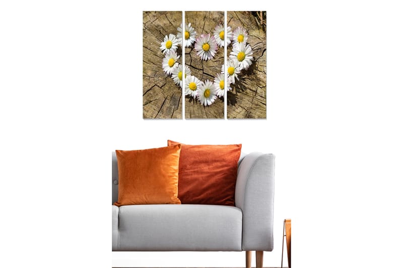 Trælærredstryk 3-delt 50x70 cm - Hjerteformet samling af margueritter på en træoverflade, Hvid / Gul / Brun