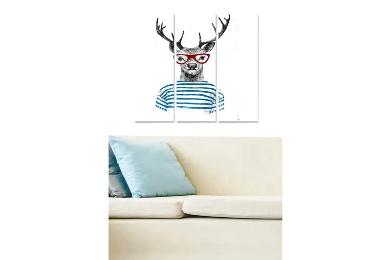 Trælærredstryk 3-delt 50x70 cm - Hjort med briller og stribet sweater, Sort / Blå / Rød