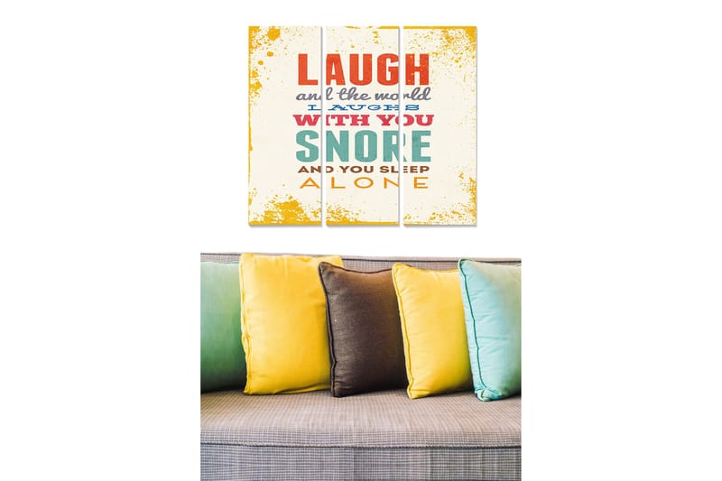 Trælærredstryk 3-delt 50x70 cm - Humoristisk typografi med citater om latter og søvn, Gul / Rød / Turkis