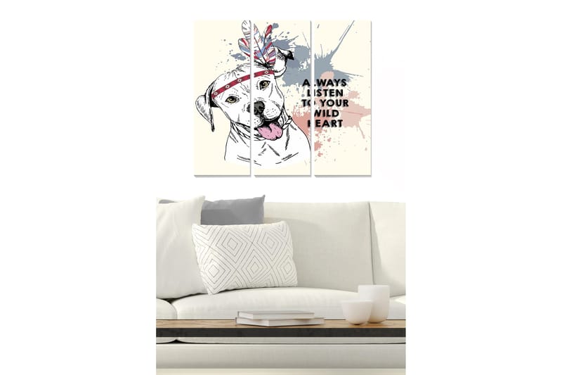 Trælærredstryk 3-delt 50x70 cm - Hund med fjerhovedbeklædning og farverige sprays, Grå / Lyserød / Rød