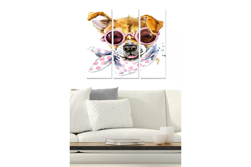 Trælærredstryk 3-delt 50x70 cm - Hund med solbriller og tørklæde i legende stil, Brun / Lyserød / Hvid
