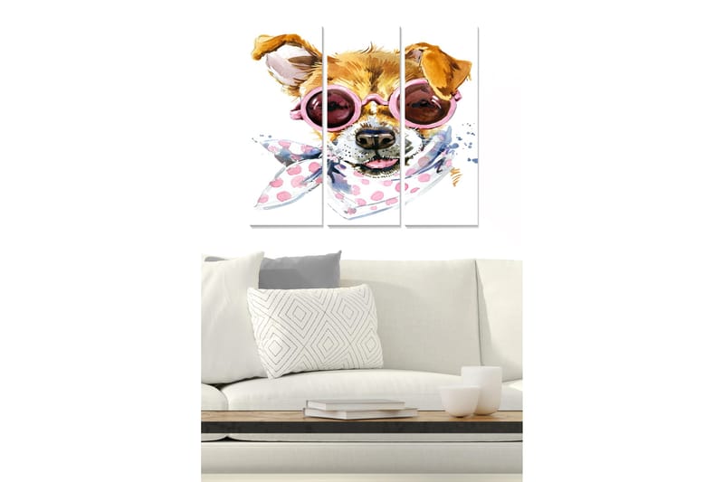 Trælærredstryk 3-delt 50x70 cm - Hund med solbriller og tørklæde i legende stil, Brun / Lyserød / Hvid