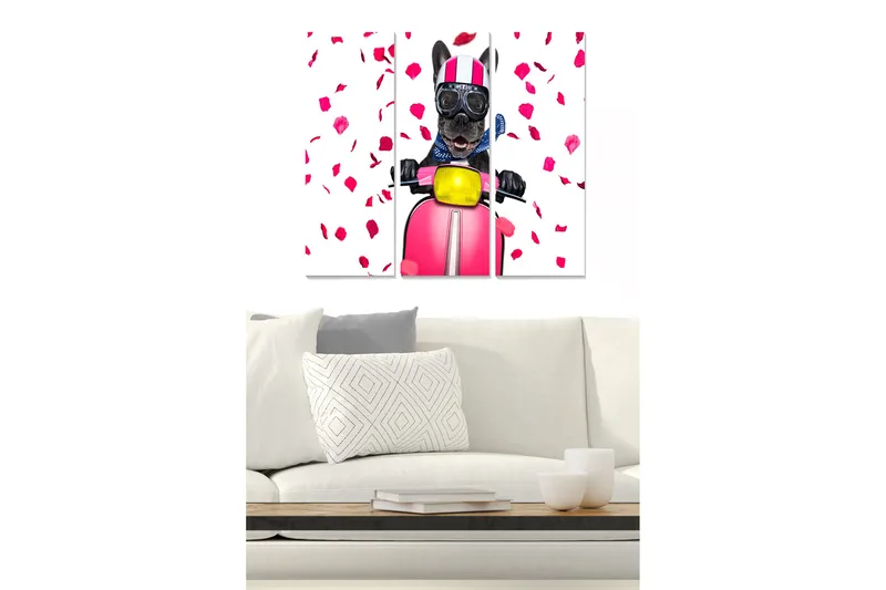 Trælærredstryk 3-delt 50x70 cm - Hund på løbehjul omgivet af rosenblade, Lyserød / Sort / Gul