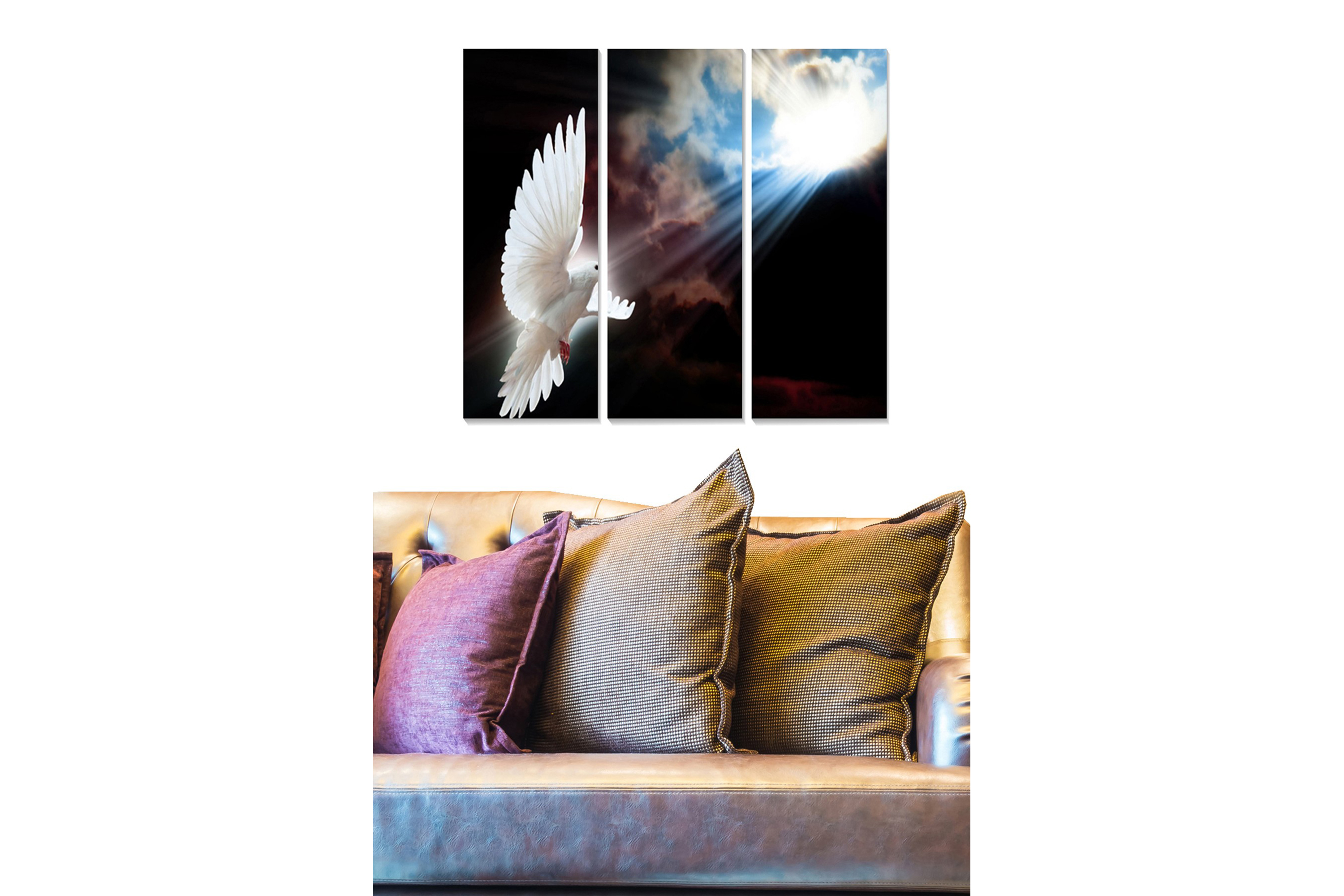Trælærredstryk 3-delt 50x70 cm - Hvid due i flugt mod en dramatisk ...