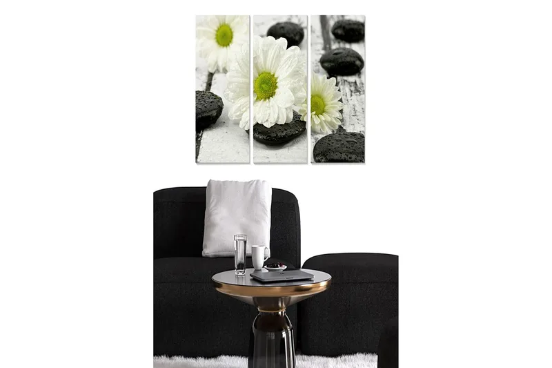 Trælærredstryk 3-delt 50x70 cm - Hvide blomster med sorte sten på en træoverflade, Hvid / Sort / Grøn