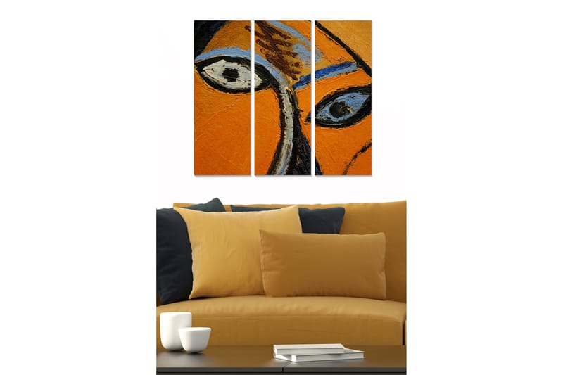Trælærredstryk 3-delt 50x70 cm - Intens udtryk af øjne i stærke farver, Orange / Sort / Blå