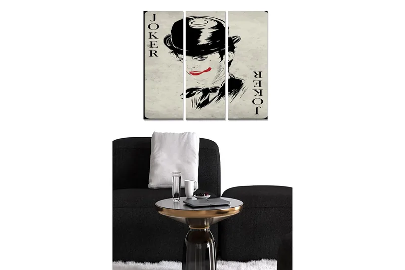 Trælærredstryk 3-delt 50x70 cm - Jokerportræt med dramatisk makeup og hat, Sort / Rød / Beige