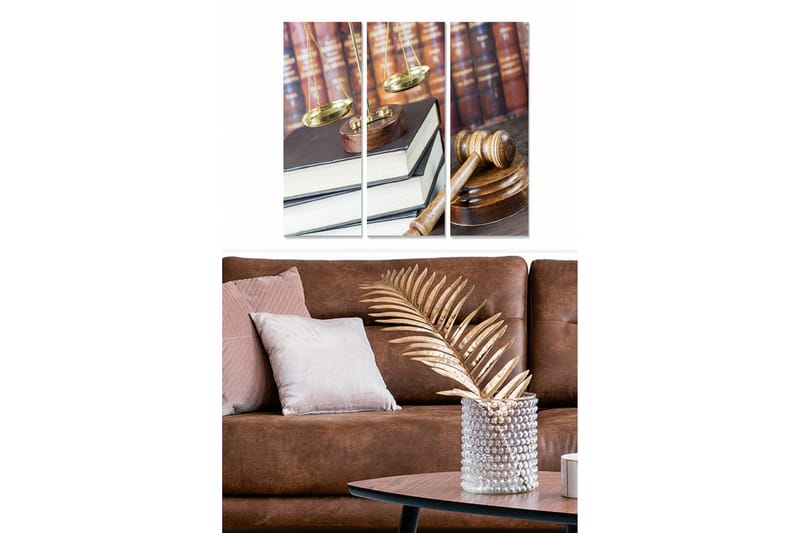 Trælærredstryk 3-delt 50x70 cm - Juridisk symbolik med vægte, hammer og bøger, Guld / Brun / Hvid