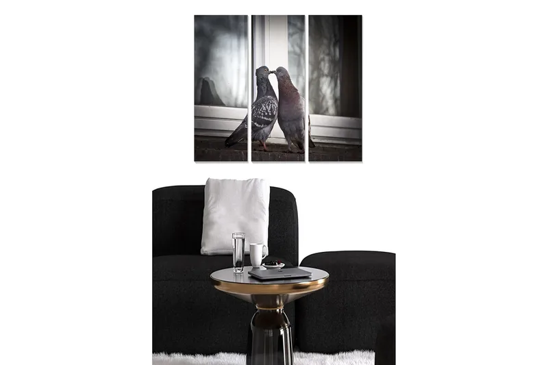 Trælærredstryk 3-delt 50x70 cm - Kærligt par duer ved et vindue, Grå / Sort / Brun
