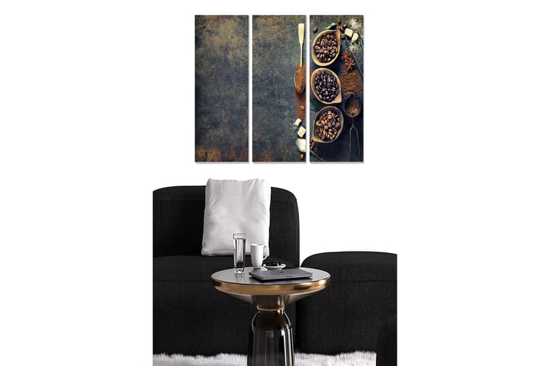 Trælærredstryk 3-delt 50x70 cm - Kaffe- og krydderikomposition i skåle, Mørkebrun / Beige / Sort