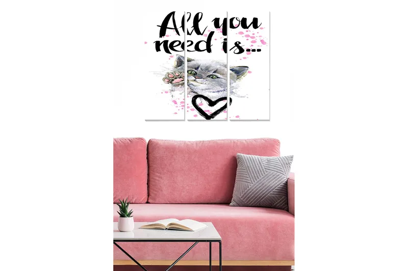 Trælærredstryk 3-delt 50x70 cm - Katteportræt med kærlig tekst og hjerte, Grå / Lyserød / Sort
