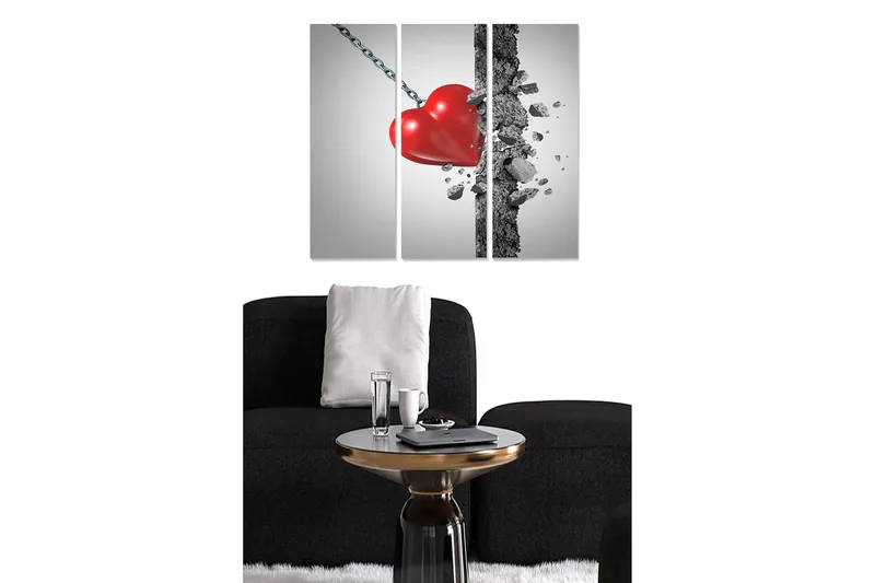 Trælærredstryk 3-delt 50x70 cm - Knust hjerte hængende på en kæde, Rød / Grå / Sort