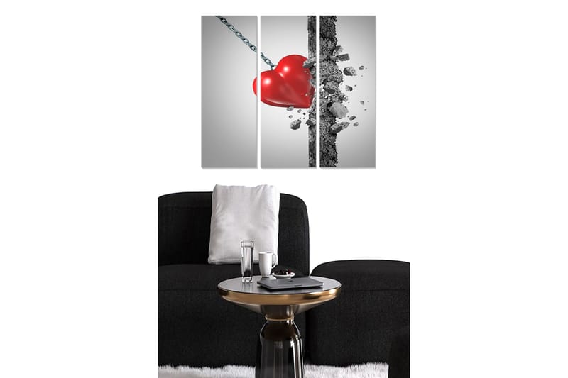 Trælærredstryk 3-delt 50x70 cm - Knust hjerte hængende på en kæde, Rød / Grå / Sort