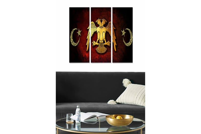 Trælærredstryk 3-delt 50x70 cm - Kongeørn med stjerner og halvmåner på rød baggrund - Guld / Rød / Sort - Boligtilbehør - Billeder & kunst - Billeder på lærred