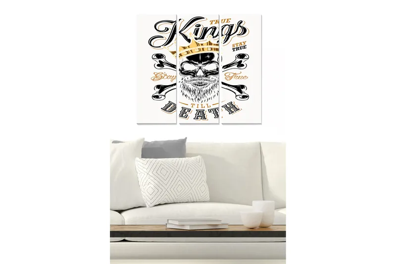 Trælærredstryk 3-delt 50x70 cm - Kranie med krone og korsknogler, Sort / Guld / Hvid