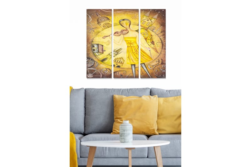 Trælærredstryk 3-delt 50x70 cm - Kvinde i gul kjole spiller violin mod en baggrund af ure og bygninger, Gul / Brun / Grå
