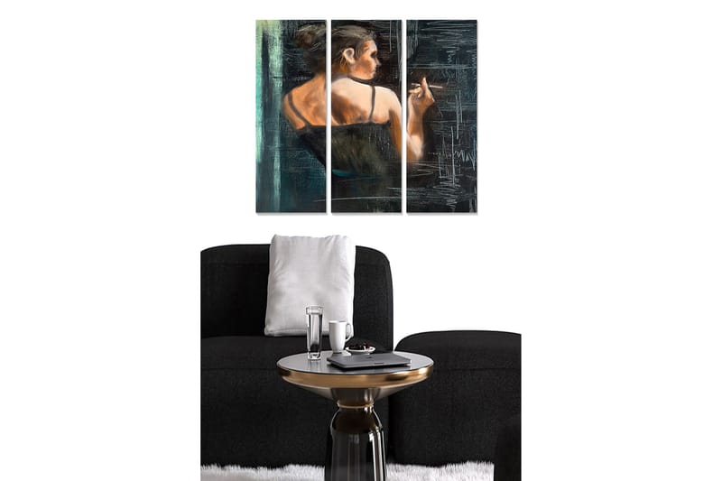 Trælærredstryk 3-delt 50x70 cm - Kvindelig silhuet, der vender ryggen til beskueren og holder en cigaret, Mørkeblå / Hudfarve / Sort