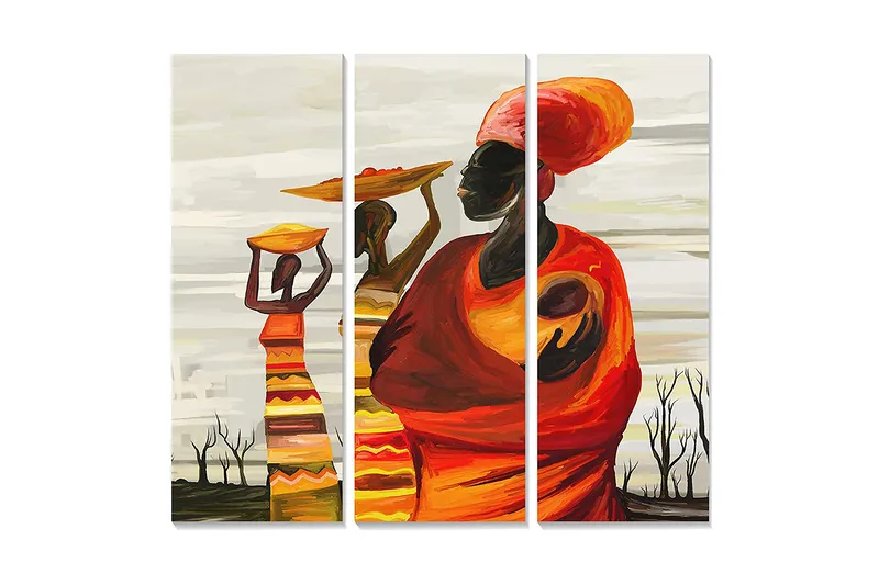 Trælærredstryk 3-delt 50x70 cm - Kvinder der bærer frugt på hovedet i en farverig og kulturel komposition, Orange / Gul / Rød