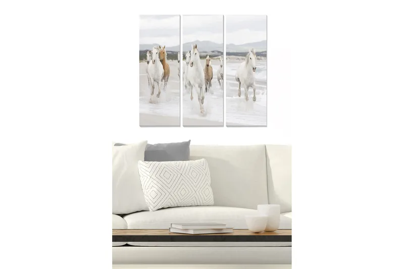 Trælærredstryk 3-delt 50x70 cm - Løbende heste ved havet, Hvid / Beige / Lysegrå