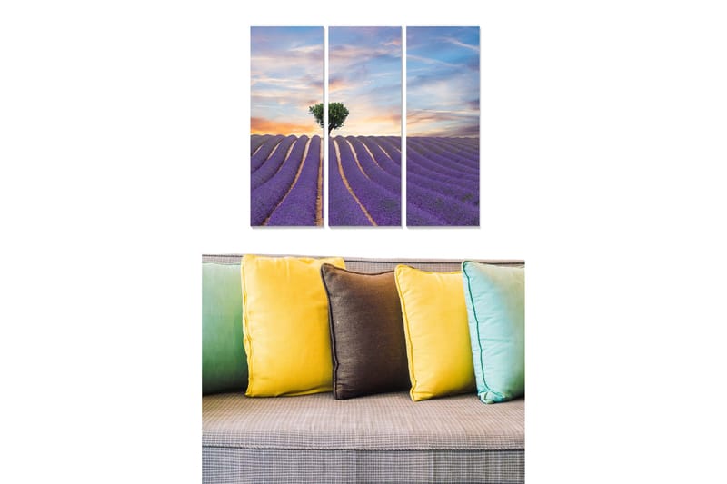 Trælærredstryk 3-delt 50x70 cm - Lavendelmark under en solnedgang med en ensom træsilhuet, Lilla / Grøn / Orange