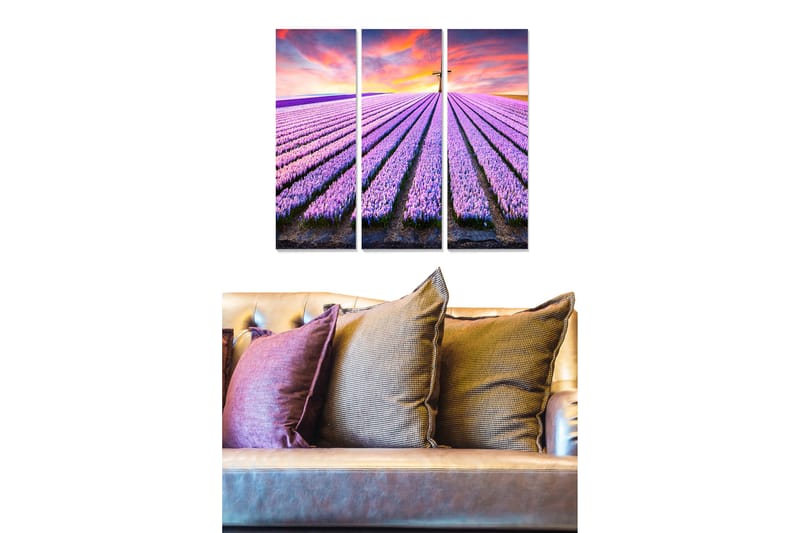 Trælærredstryk 3-delt 50x70 cm - Lavendelmarker under en farverig himmel - Lilla / Grøn / Orange - Boligtilbehør - Billeder &amp; kunst - Billeder på lærred