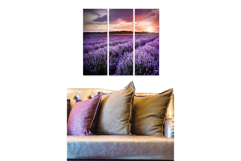 Trælærredstryk 3-delt 50x70 cm - Lavendelmarker under en farverig solnedgang, Lilla / Lyserød / Grøn