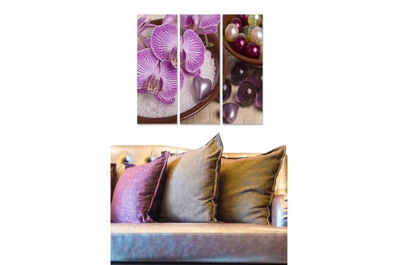 Trælærredstryk 3-delt 50x70 cm - Lilla orkideer i en skål med dekorationer, Lilla / Hvid / Grøn