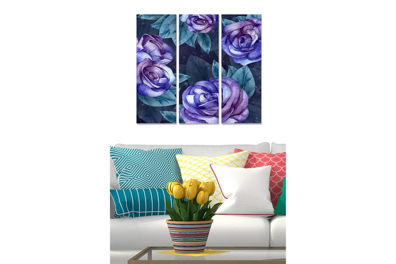 Trælærredstryk 3-delt 50x70 cm - Lilla roser med grønne blade, Lilla / Grøn / Mørkeblå