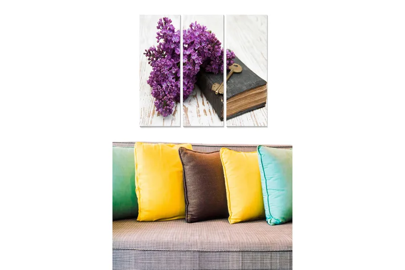 Trælærredstryk 3-delt 50x70 cm - Lilla syrener i en smuk komposition med en gammel bog og nøgle, Lilla / Sort / Brun