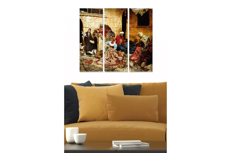 Trælærredstryk 3-delt 50x70 cm - Livlig markedsscene med mennesker og varer i historiske omgivelser, Rød / Beige / Grøn