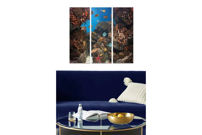 Trælærredstryk 3-delt 50x70 cm - Livlig undervandsscene med farverige fisk og koraller, Blå / Orange / Grøn