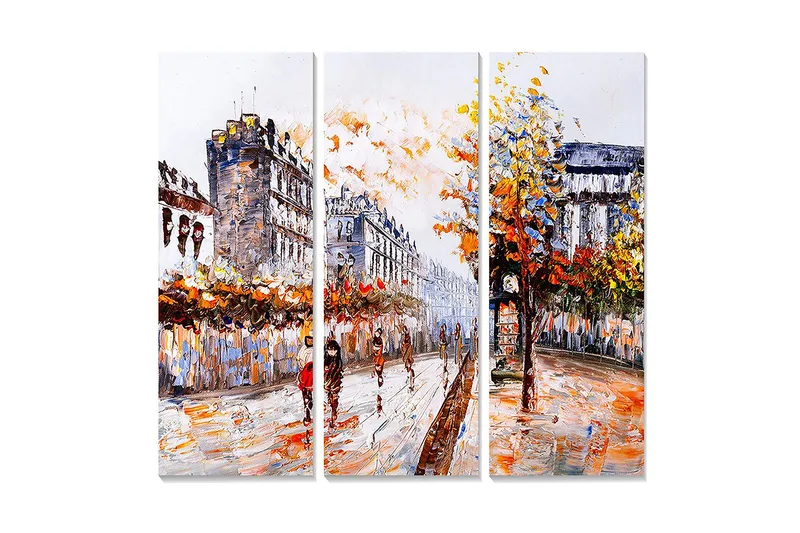 Trælærredstryk 3-delt 50x70 cm - Livligt bybillede med efterårstræer og mennesker på en gade, Orange / Gul / Blå