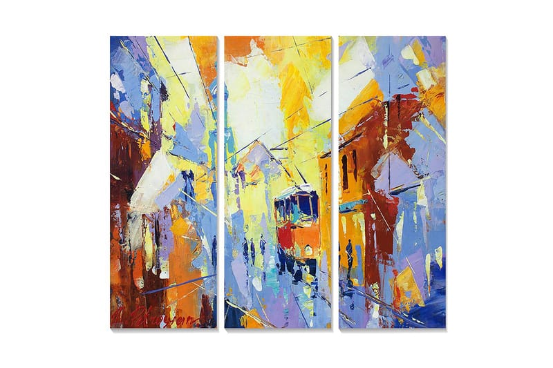 Trælærredstryk 3-delt 50x70 cm - Livligt bybillede med en sporvogn i bevægelse, Blå / Orange / Gul