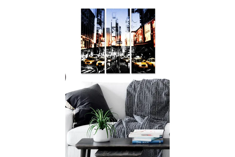 Trælærredstryk 3-delt 50x70 cm - Livligt bybillede med gule taxaer i et bymiljø, Gul / Sort / Blå