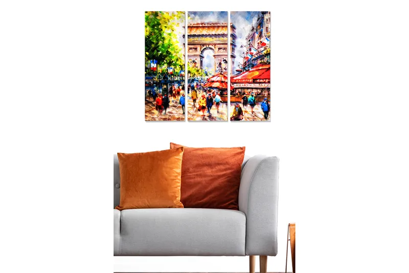 Trælærredstryk 3-delt 50x70 cm - Livligt bybillede med mennesker og caféer ved et berømt monument, Grøn / Rød / Blå