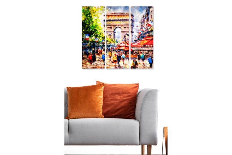 Trælærredstryk 3-delt 50x70 cm - Livligt bybillede med mennesker og caféer ved et berømt monument, Grøn / Rød / Blå