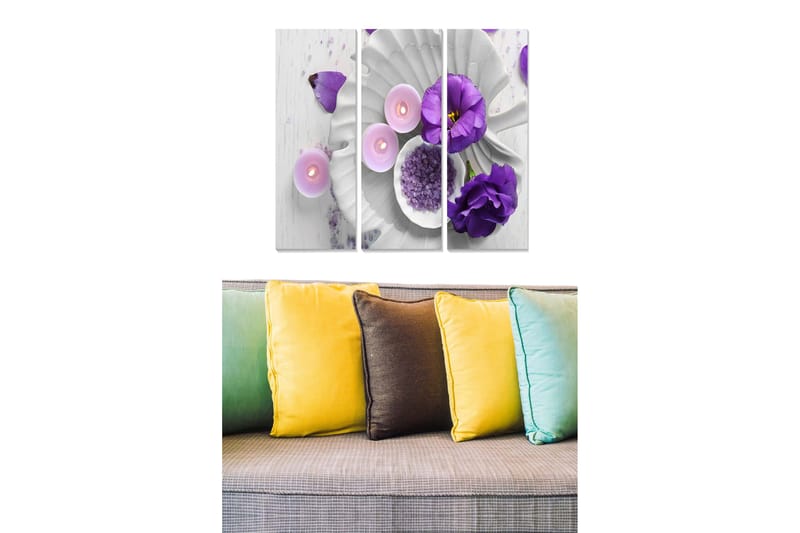 Trælærredstryk 3-delt 50x70 cm - Lyselilla blomster og stearinlys på hvid baggrund, Lys lilla / Hvid / Grå