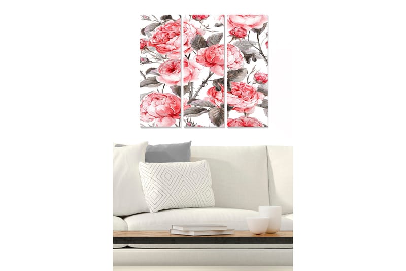 Trælærredstryk 3-delt 50x70 cm - Lyserøde pæoner i en elegant komposition, Lyserød / Grå / Grøn