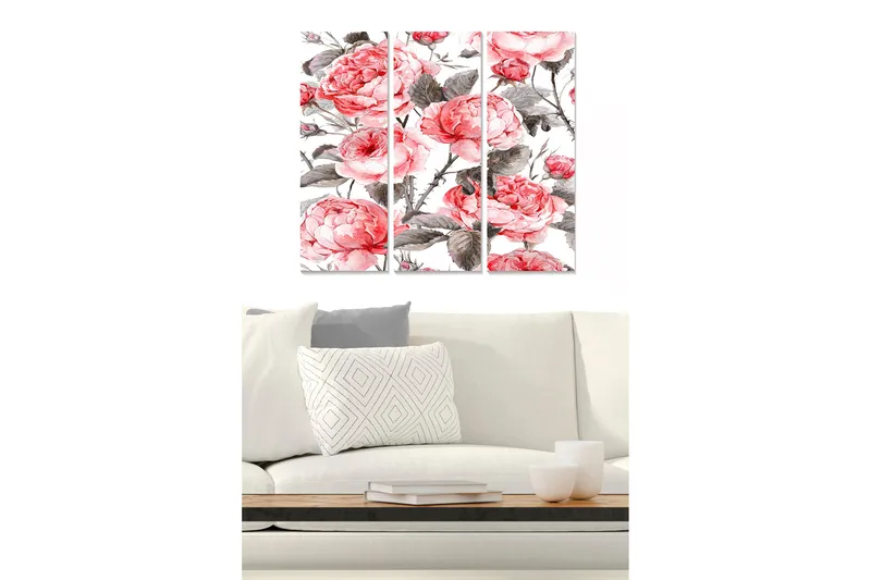 Trælærredstryk 3-delt 50x70 cm - Lyserøde pæoner i en elegant komposition, Lyserød / Grå / Grøn