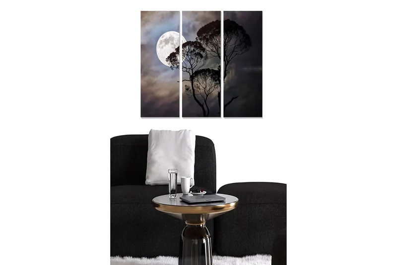 Trælærredstryk 3-delt 50x70 cm - Månen skinner over silhuetter af træer i en dramatisk himmel, Mørkeblå / Sort / Grå