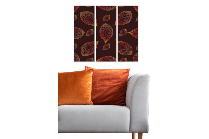 Trælærredstryk 3-delt 50x70 cm - Mønster af stiliserede blade i varme farver, Mørkerød / Guld / Orange