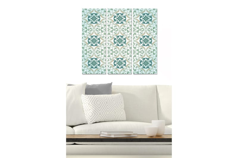 Trælærredstryk 3-delt 50x70 cm - Mønstret vægdekoration med elegante, geometriske former, Turkis / Lysegrøn / Guld