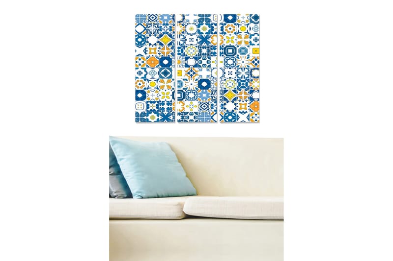 Trælærredstryk 3-delt 50x70 cm - Mønstret vægdekoration med geometriske former i blåt og gult, Blå / Gul / Orange