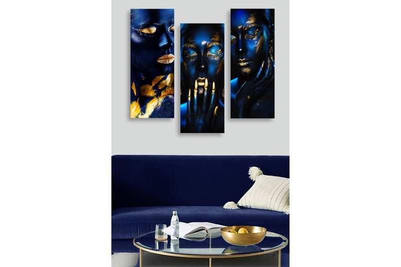 Trælærredstryk 3-delt 50x70 cm - Mørkeblå ansigter med gyldne detaljer, Mørkeblå / Guld