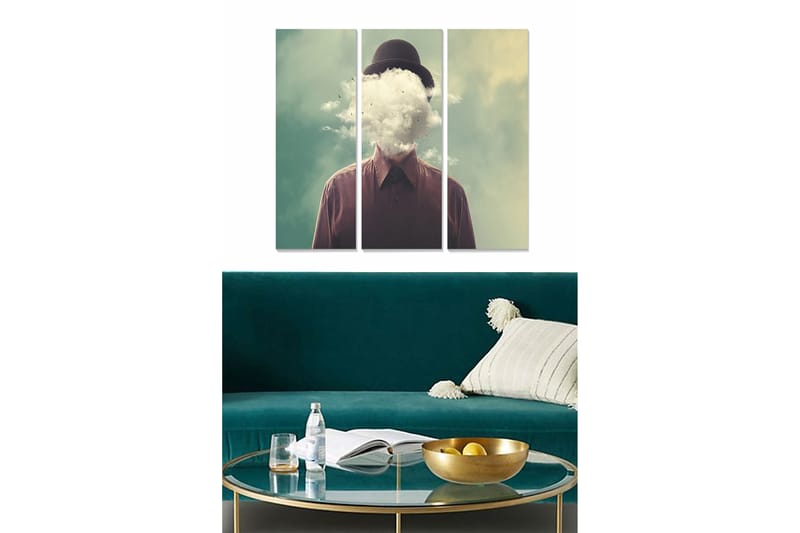 Trælærredstryk 3-delt 50x70 cm - Mand med overskyet hovedform iført hat, Mørkebrun / Lysegrøn / Hvid