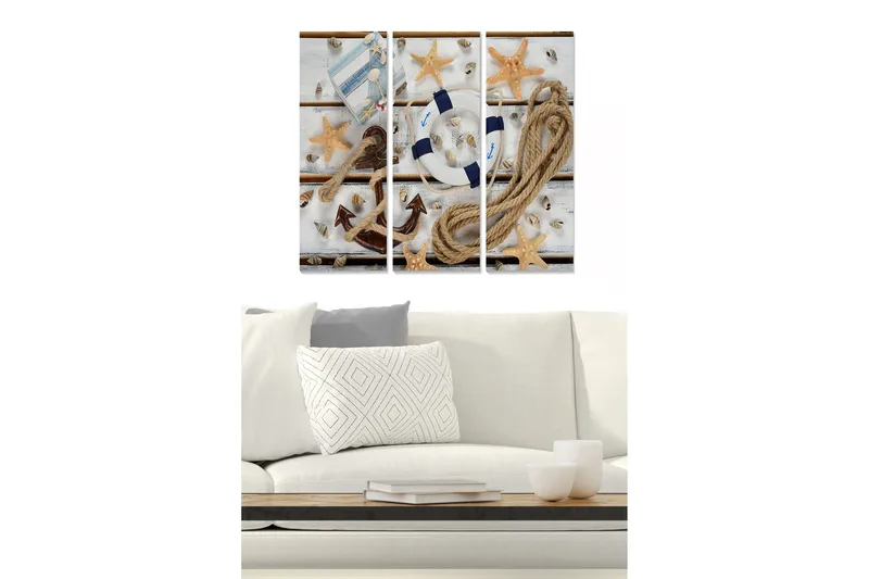 Trælærredstryk 3-delt 50x70 cm - Marinestilleben med skaller, stjerneformet søstjerne og en redningskrans, Beige / Blå / Brun