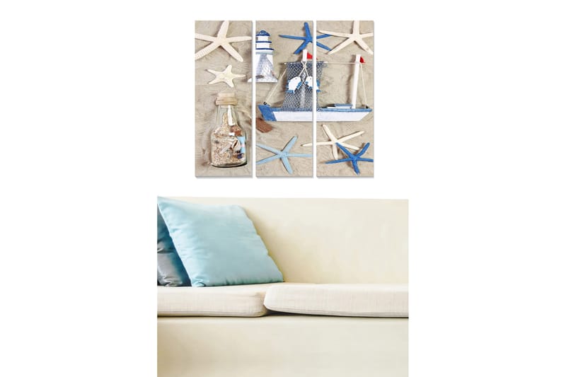 Trælærredstryk 3-delt 50x70 cm - Maritim komposition med sejlbåd og søstjerne, Blå / Hvid / Beige