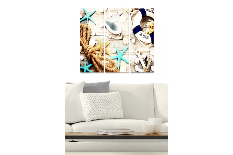 Trælærredstryk 3-delt 50x70 cm - Maritim komposition med skaller, stjerneformede søstjerner og reb, Turkis / Beige / Hvid
