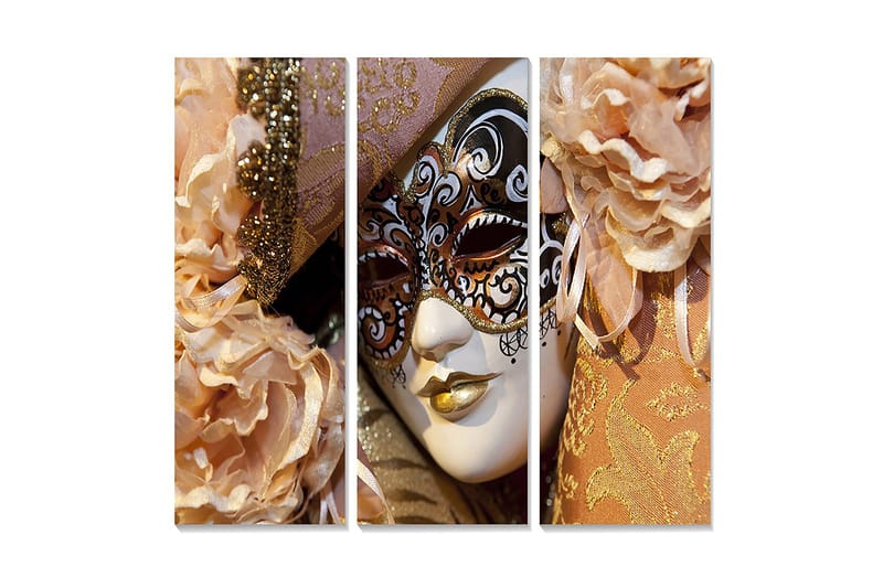 Trælærredstryk 3-delt 50x70 cm - Maskerademaske med elegante detaljer og blomster i bløde nuancer, Lys pink / Guld / Hvid
