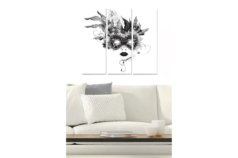 Trælærredstryk 3-delt 50x70 cm - Maskeret kvinde med fjer og detaljerede mønstre, Sort / Hvid